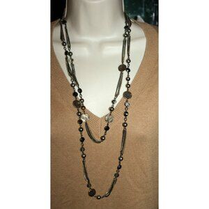 Express Long Multi Strand Gunmetal Beaded Crystal Bezel Necklace Vintage Y2K
